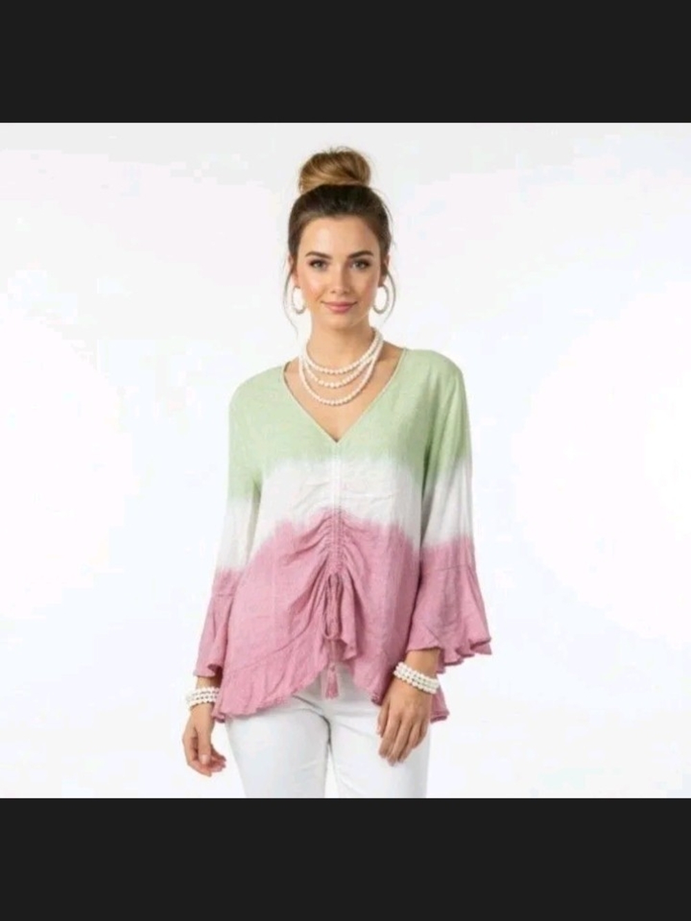 Tie-Dye V-Neck Ruffle Hem Tunic